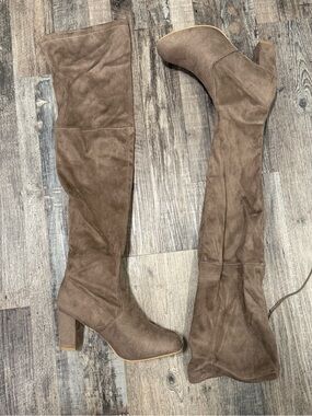 Taupe Over-the-Knee Faux Suede Low Block Heel Tie Back Boots Size 11